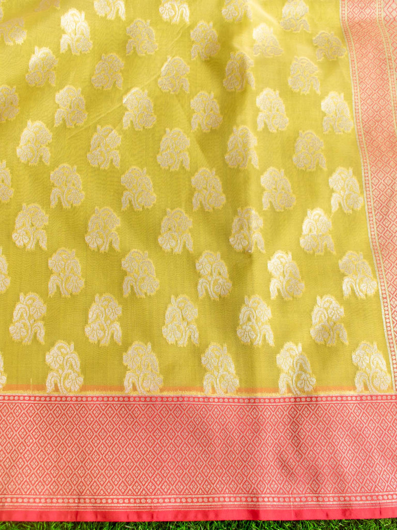 Banarasi Organza Saree With Silver Zari Weaving-Lemon Yellow