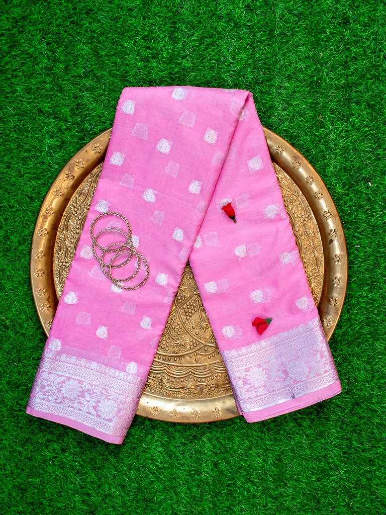 Banarasi Semi Silk Saree With Silver Zari Buti Weaving-Pink
