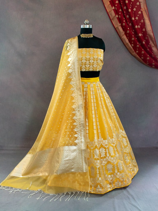 Banarasi Unstitched Lehenga & Blouse Fabric With Dupatta-Yellow
