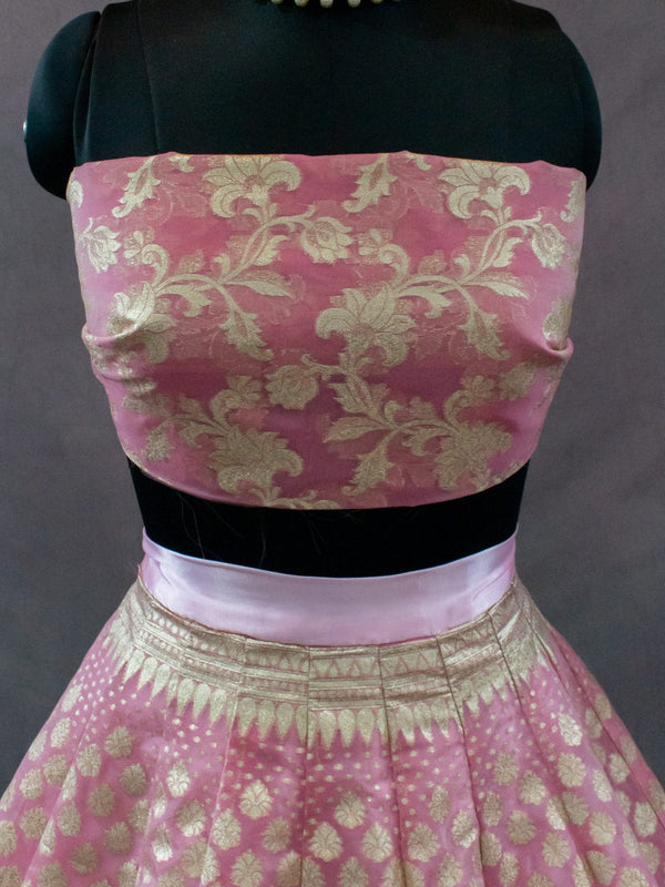 Banarasi Unstitched Lehenga & Blouse Fabric With Dupatta-Pink