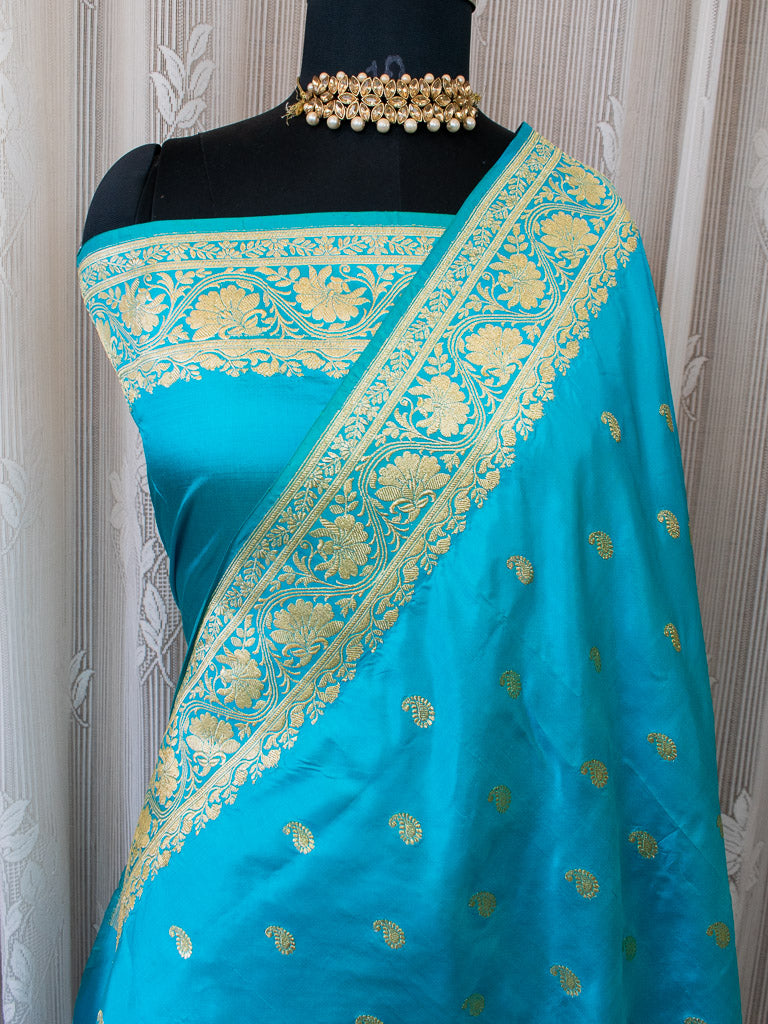 Banarasi Pure Katan Silk Saree With Zari Buti Weaving & Border-Blue