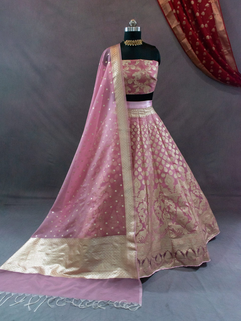 Pink thread embroidery satin unstitched lehenga - MANVAA - 3445175