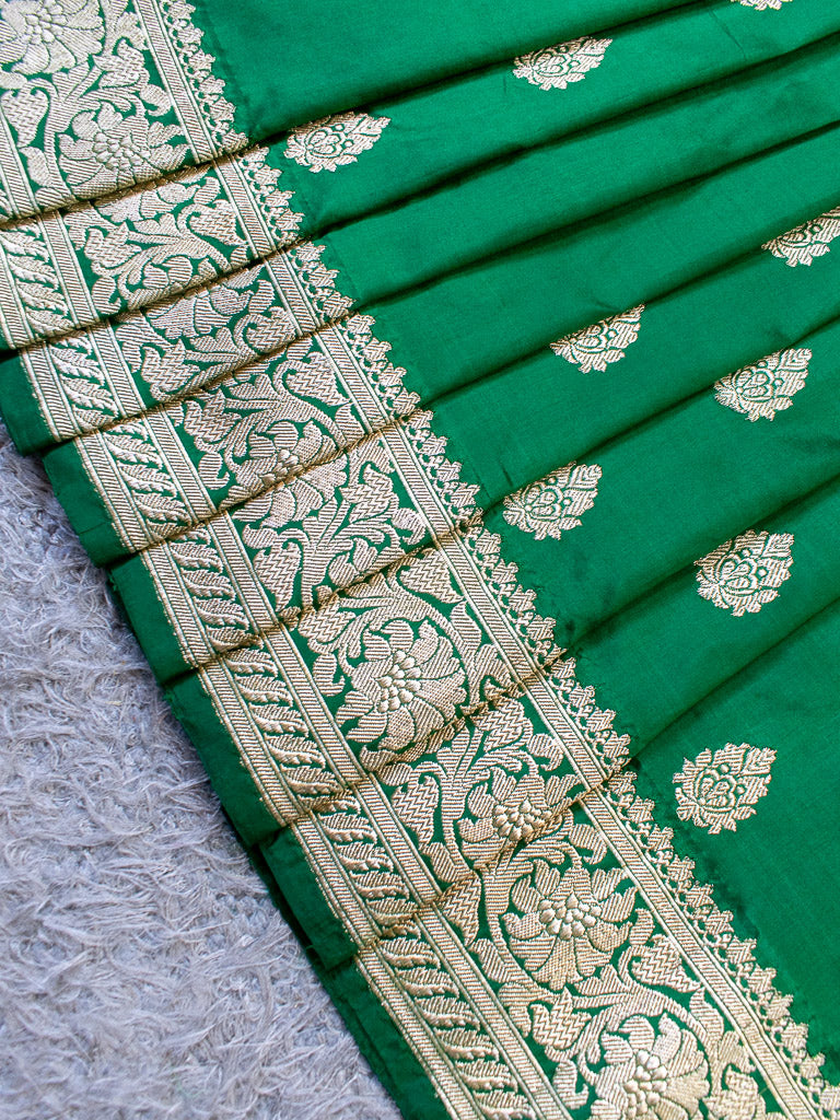 Banarasi Pure Katan Silk Saree With Zari Buti Weaving & Border-Green