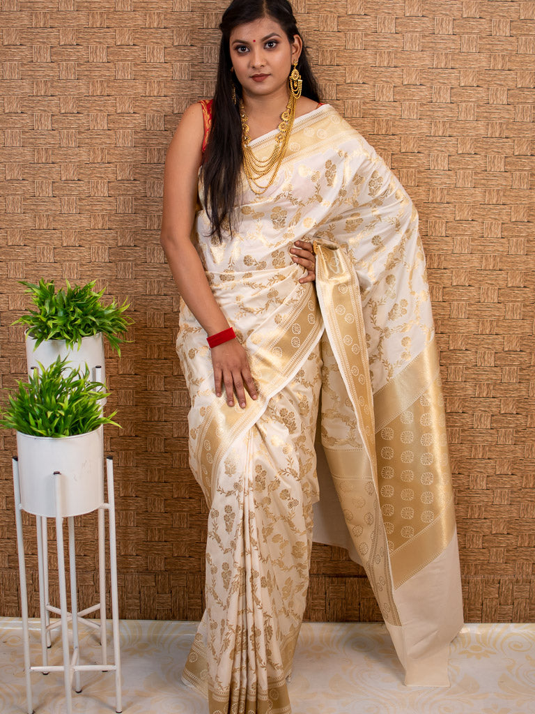 Banarasi Art Katan Silk Saree With Zari Jaal Weaving-Off White