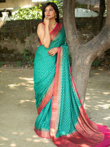 Banarasi Pure Georgette Saree With Antique Zari Buti Weaving & Contrast Border-Teal & Red
