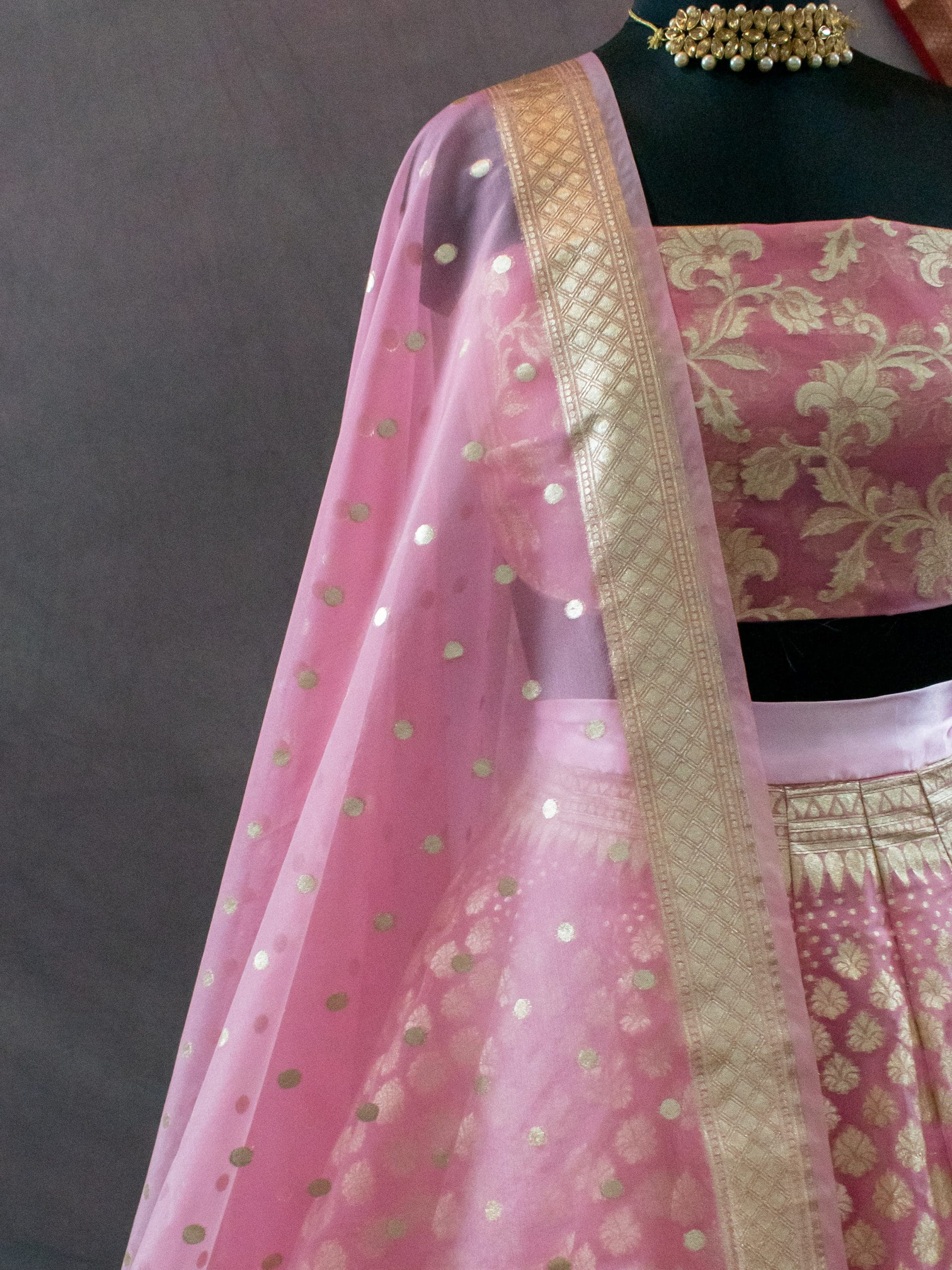 Banarasi Unstitched Lehenga & Blouse Fabric With Dupatta-Pink