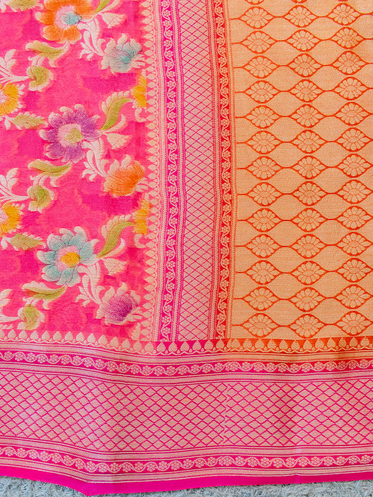 Banarasi Pure Khaddi Handpainted Jaal Georgette Saree-Pink
