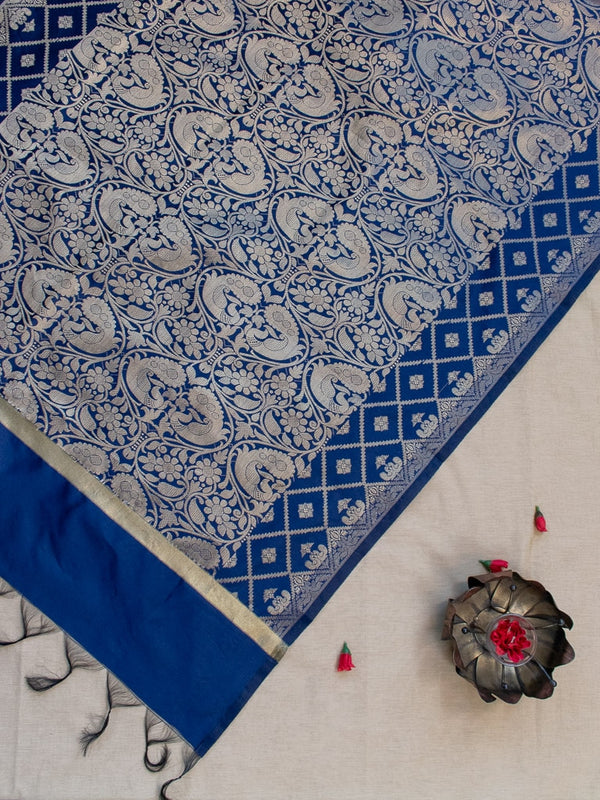 Banarasi Chanderi Cotton Zari Jaal Woven Dupatta- Blue