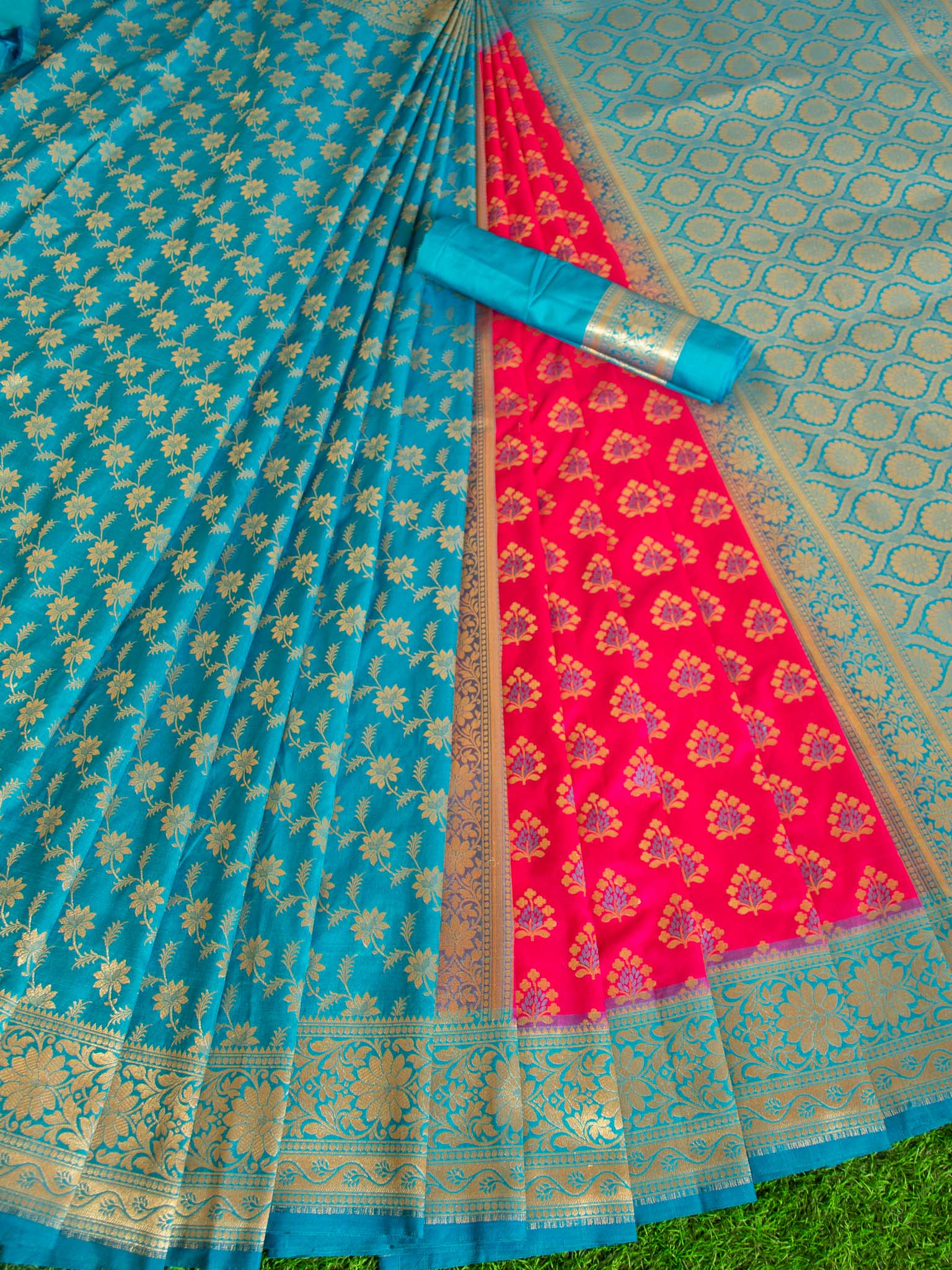 Banarasi Art Silk Half & Half Saree With Meenakari Weaving-Pink & Blue