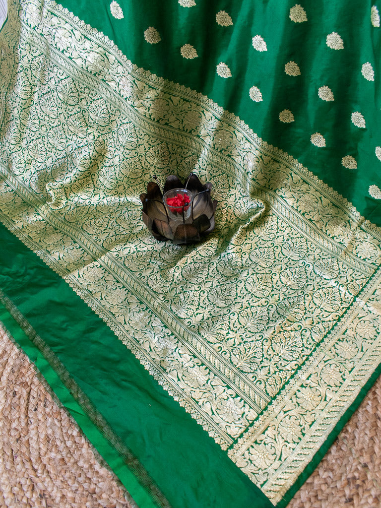 Banarasi Pure Katan Silk Saree With Zari Buti Weaving & Border-Green