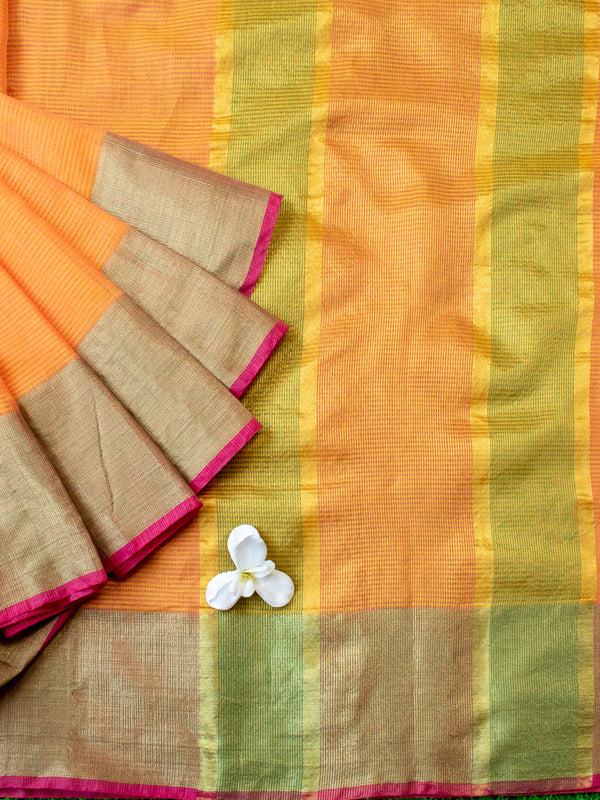 Banarasi Cotton Silk Saree Plain Body With Antique Zari Border-Orange