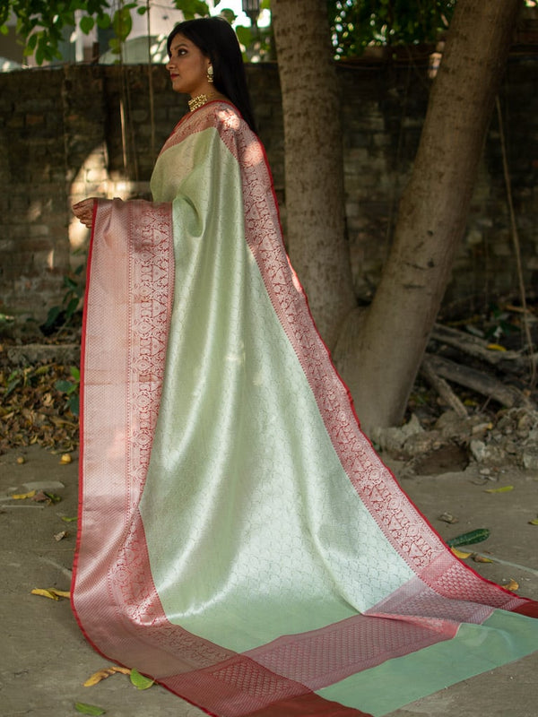 Banarasi Kora Muslin Saree With Tanchoi Weaving Contrast  Border-Pastel Green