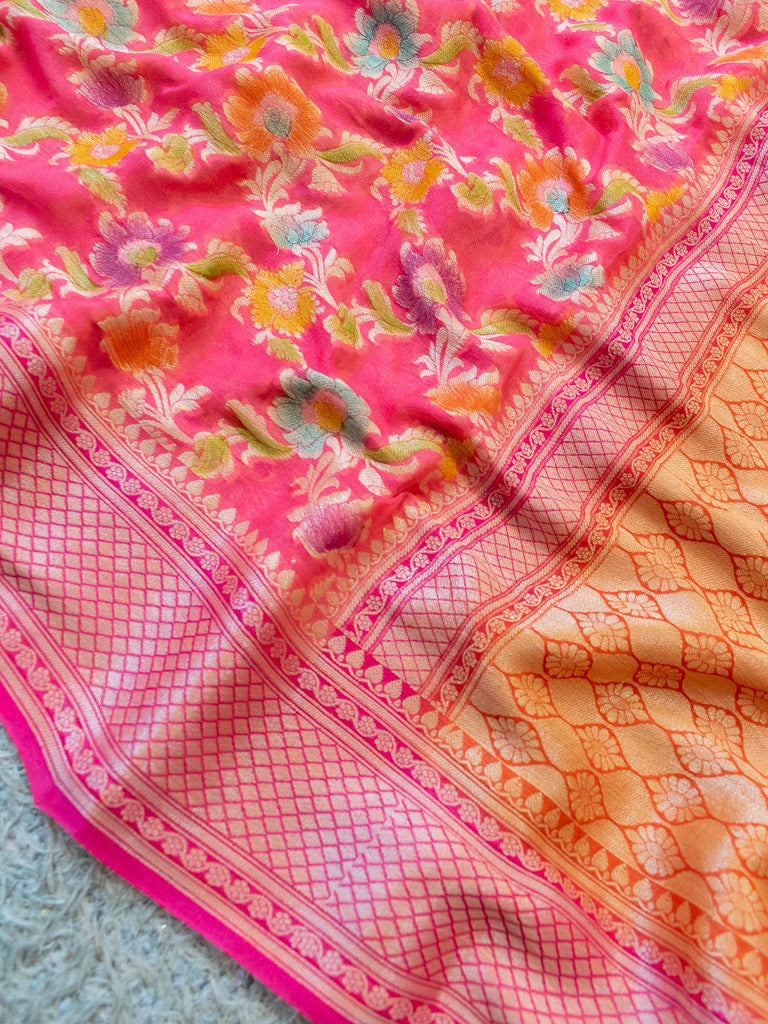 Banarasi Pure Khaddi Handpainted Jaal Georgette Saree-Pink