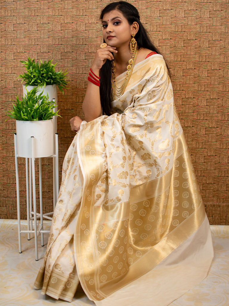 Banarasi Art Katan Silk Saree With Zari Jaal Weaving-Off White