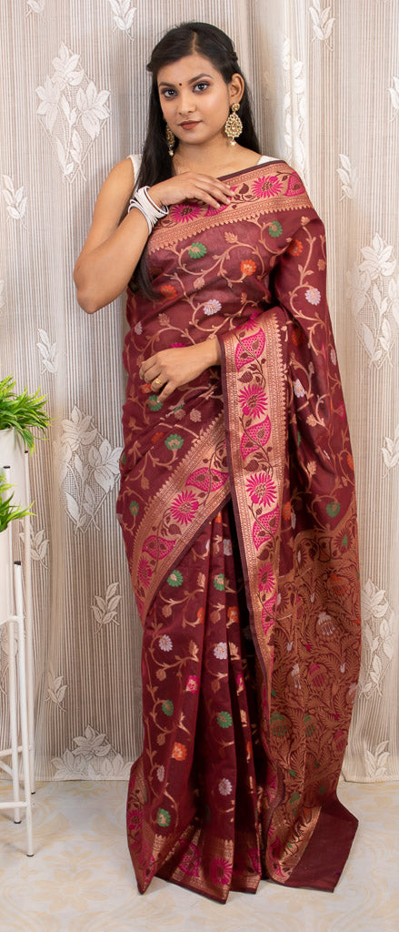 Banarasi Semi Silk Saree With Multicoloured Jaal Zari Weaving-Maroon