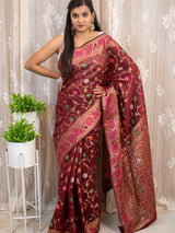 Banarasi Semi Silk Saree With Multicoloured Jaal Zari Weaving-Maroon