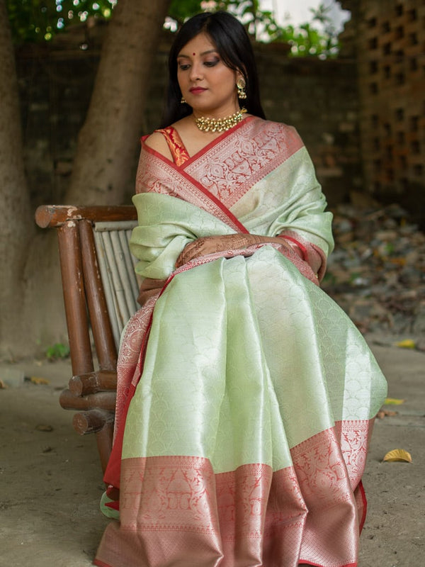 Banarasi Kora Muslin Saree With Tanchoi Weaving Contrast  Border-Pastel Green