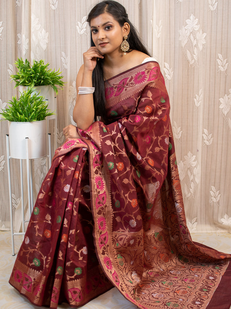 Banarasi Semi Silk Saree With Multicoloured Jaal Zari Weaving-Maroon