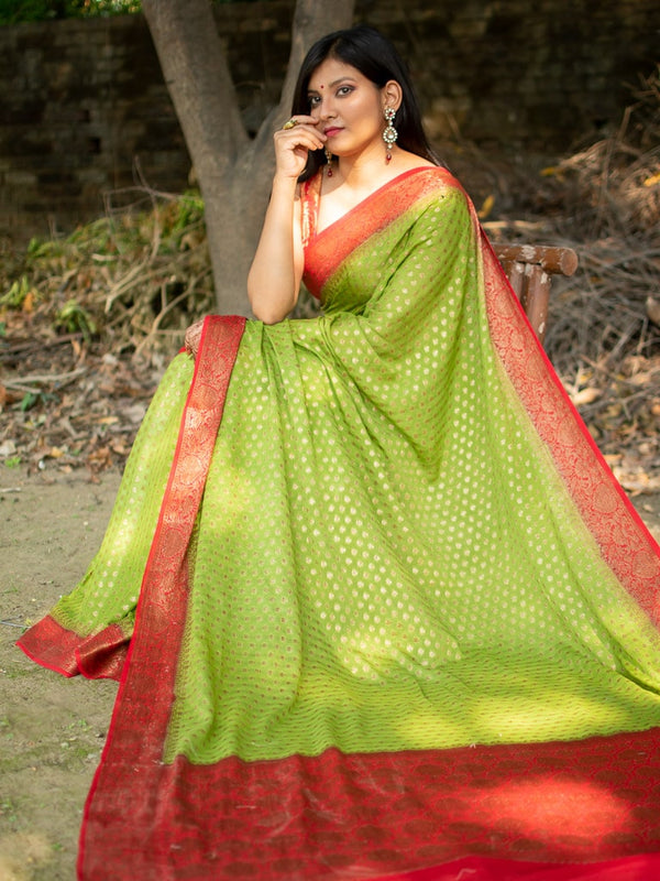 Banarasi Pure Georgette Saree With Antique Zari Buti Weaving & Contrast Border-Green & Red