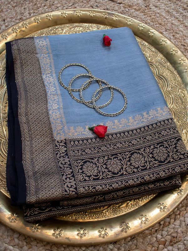 Banarasi Handwoven Pure Muga Silk Saree With Antique Resham Border-Grey & Black