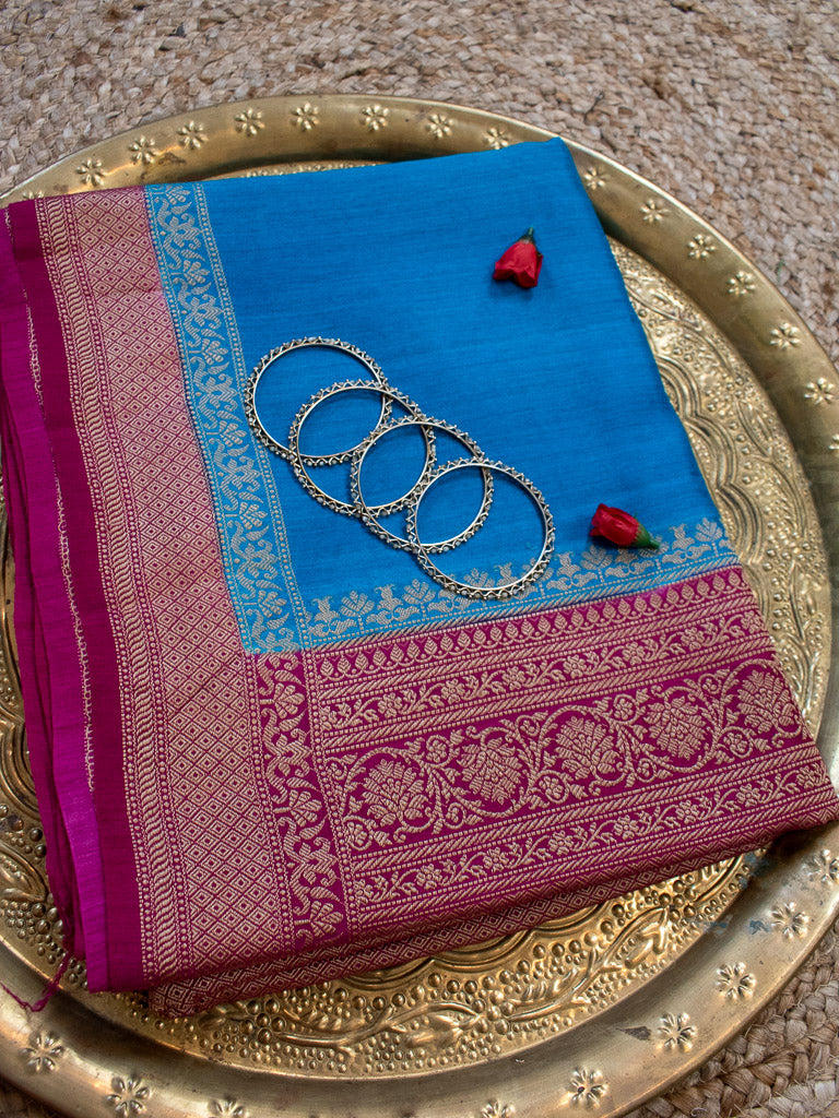 Banarasi Handwoven Pure Muga Silk Saree With Antique Resham Border-Blue & Deep Purple