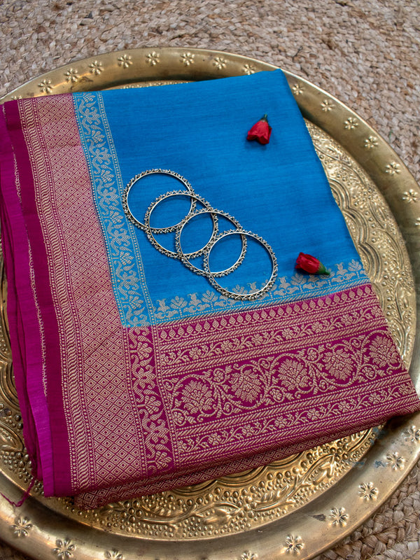 Banarasi Handwoven Pure Muga Silk Saree With Antique Resham Border-Blue & Deep Purple