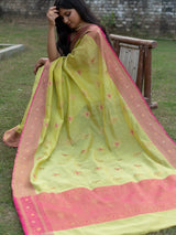 Banarasi Cotton Silk Resham & Meena Floral Weaving Saree & Contrast Border-Green