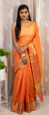 Banarasi Chanderi Cotton Zari Polka Dots Weaving-Orange