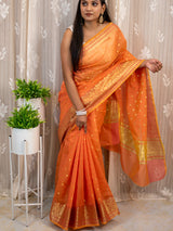 Banarasi Chanderi Cotton Zari Polka Dots Weaving-Orange