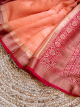 Banarasi Handwoven Pure Muga Silk Saree With Antique Resham Border-Peach & Red