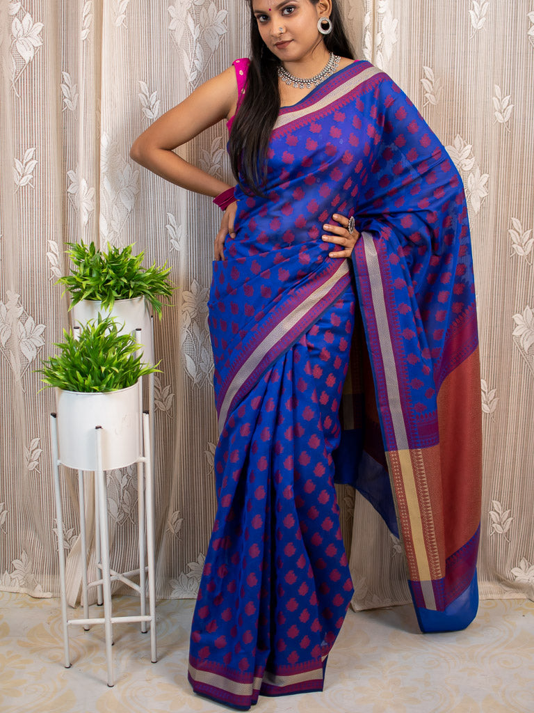 Banarasi Cotton Silk Saree With Resham Buti Weaving Border-Royal blue