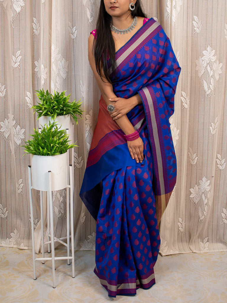 Banarasi Cotton Silk Saree With Resham Buti Weaving Border-Royal blue