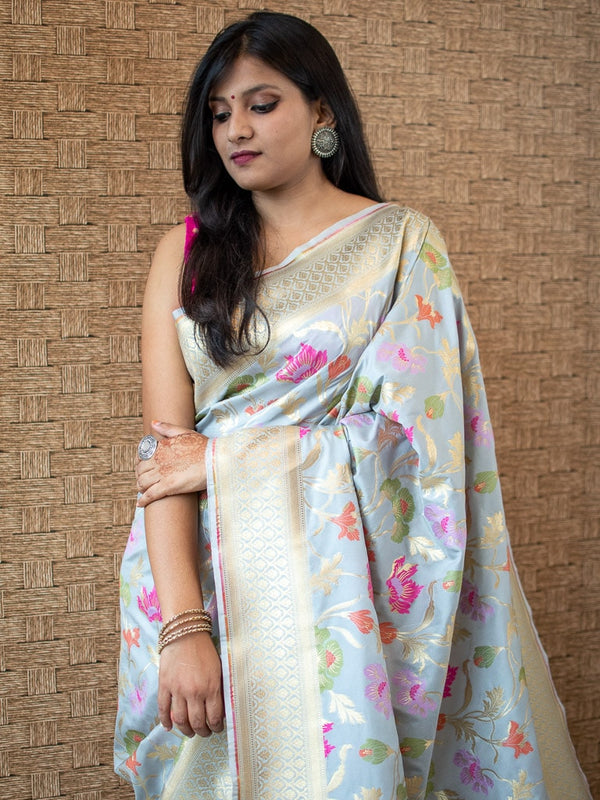 Banarasi Handloom Art Katan Silk Saree With Meena Floral Jaal Weaving-Grey