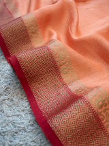 Banarasi Handwoven Pure Muga Silk Saree With Antique Resham Border-Peach & Red