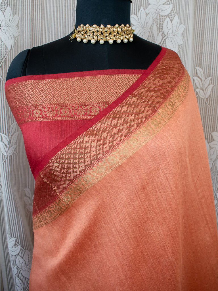 Banarasi Handwoven Pure Muga Silk Saree With Antique Resham Border-Peach & Red