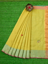 Banarasi Cotton Silk Saree Plain Body With Antique Zari Border-Bright Green