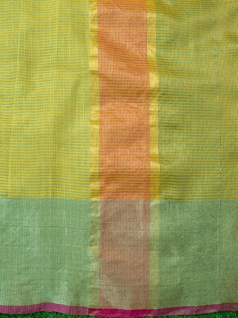 Banarasi Cotton Silk Saree Plain Body With Antique Zari Border-Bright Green