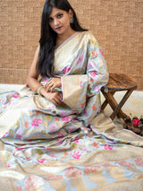 Banarasi Handloom Art Katan Silk Saree With Meena Floral Jaal Weaving-Grey