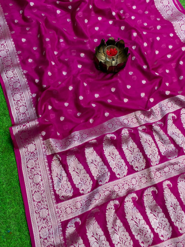Banarasi Semi Silk Saree With Silver Zari Buti Weaving-Deep Pink