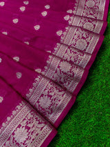 Banarasi Semi Silk Saree With Silver Zari Buti Weaving-Deep Pink