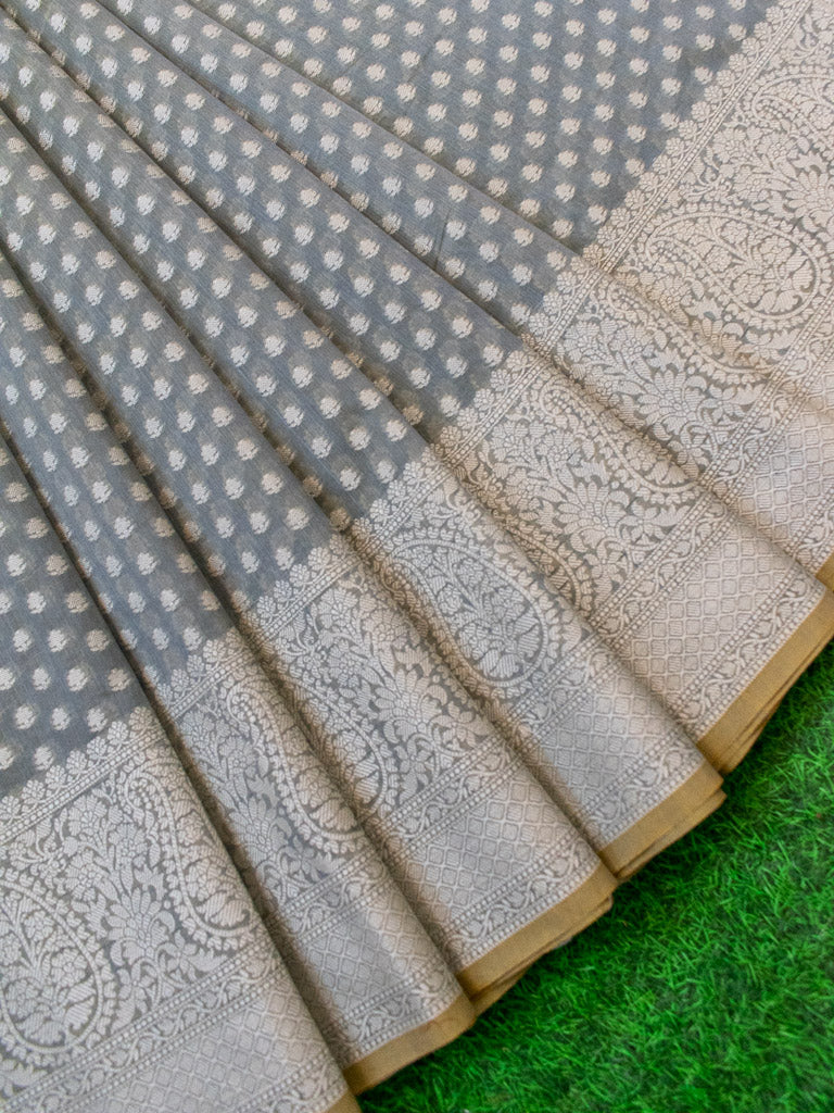 Banarasi Soft Cotton Saree Resham Polka Dot Weaving-Grey