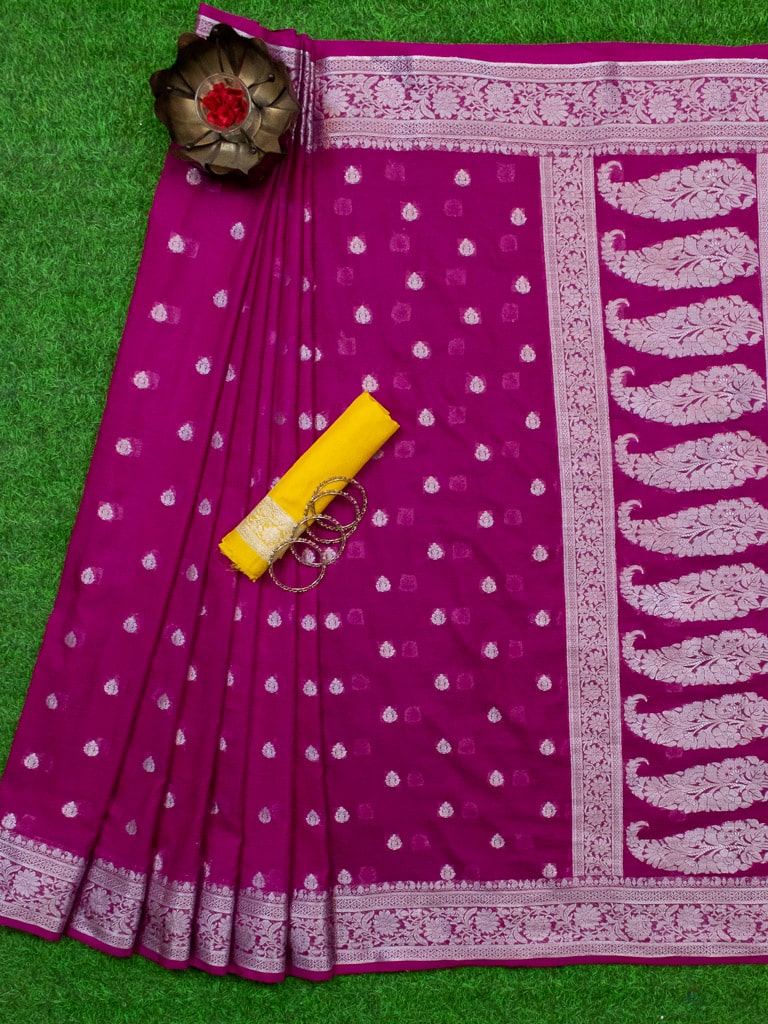 Banarasi Semi Silk Saree With Silver Zari Buti Weaving-Deep Pink
