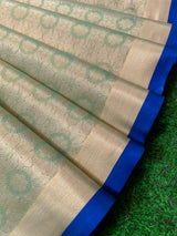 Banarasi Kora Muslin Saree With Tanchoi Weaving & Contrast Kinari Border-Green