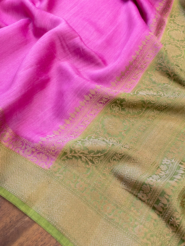 Banarasi Handwoven Pure Muga Silk Saree With Antique Resham Border-Pink