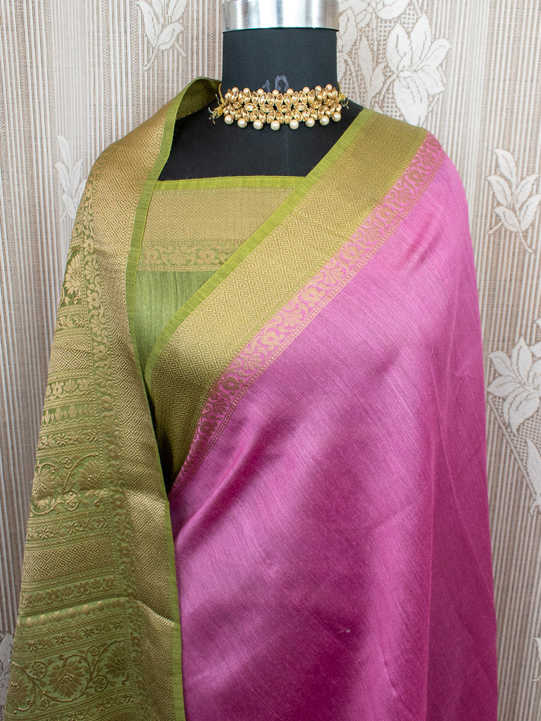 Banarasi Handwoven Pure Muga Silk Saree With Antique Resham Border-Pink