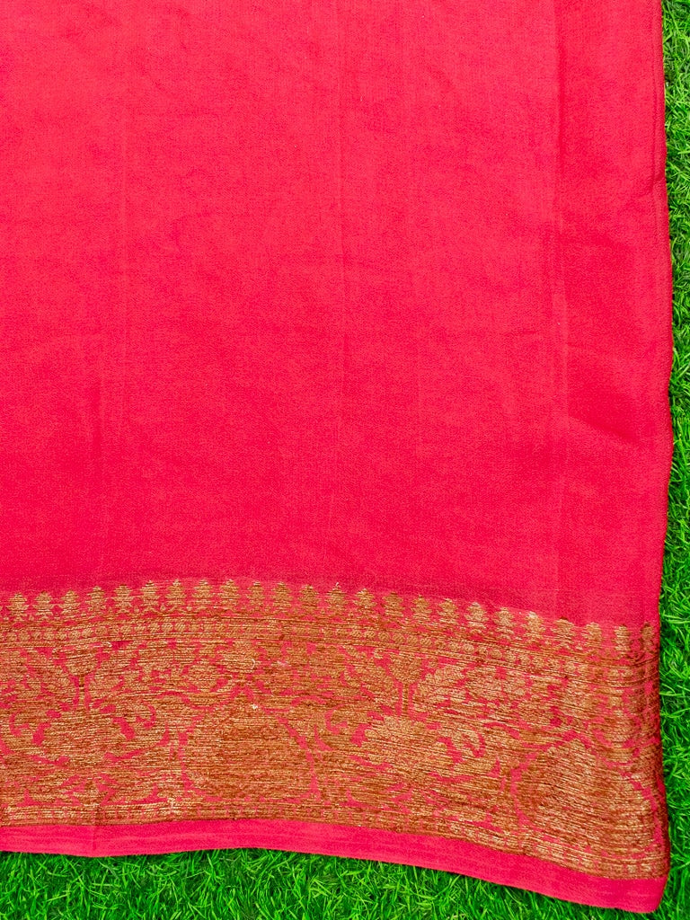 Banarasi Pure Georgette Saree With Antique Zari Buti Weaving & Contrast Border-Teal & Red