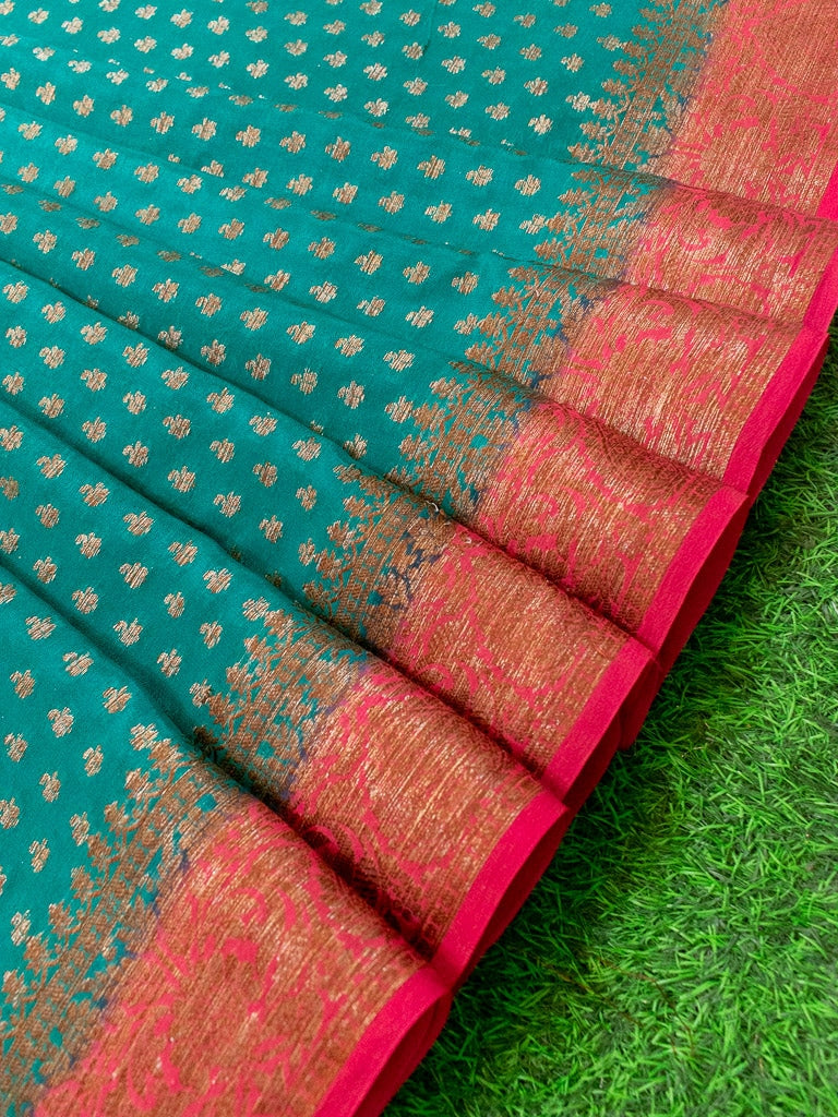 Banarasi Pure Georgette Saree With Antique Zari Buti Weaving & Contrast Border-Teal & Red