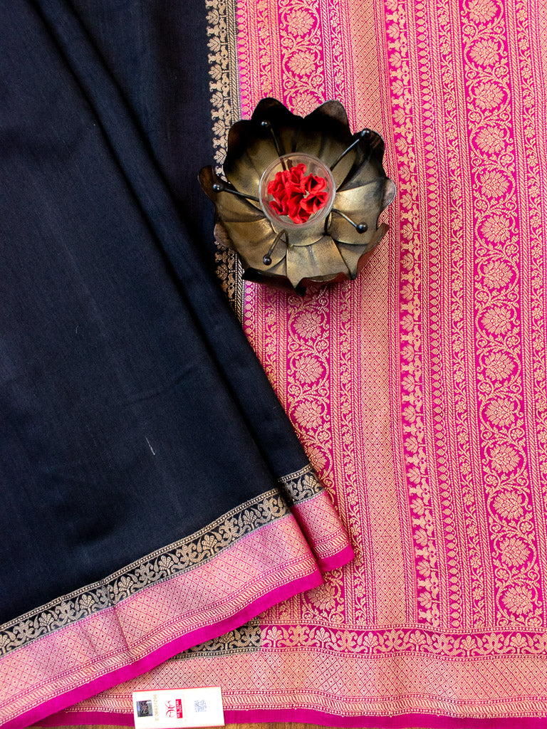 Banarasi Handwoven Pure Muga Silk Saree With Antique Resham Border-Black