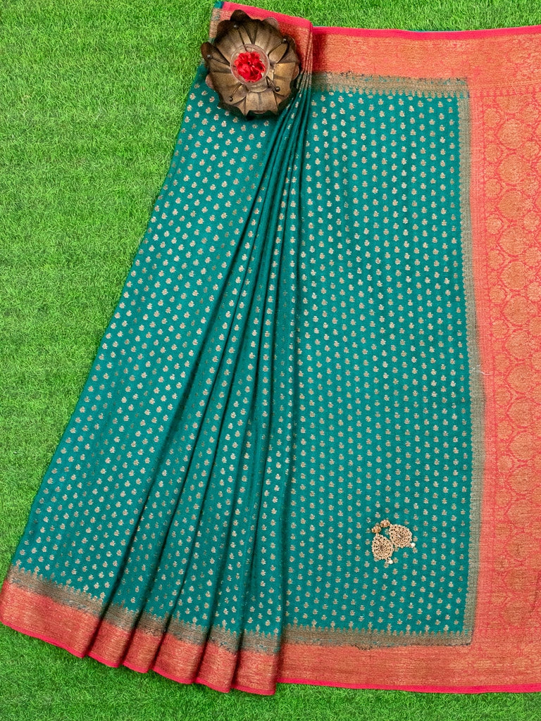 Banarasi Pure Georgette Saree With Antique Zari Buti Weaving & Contrast Border-Teal & Red