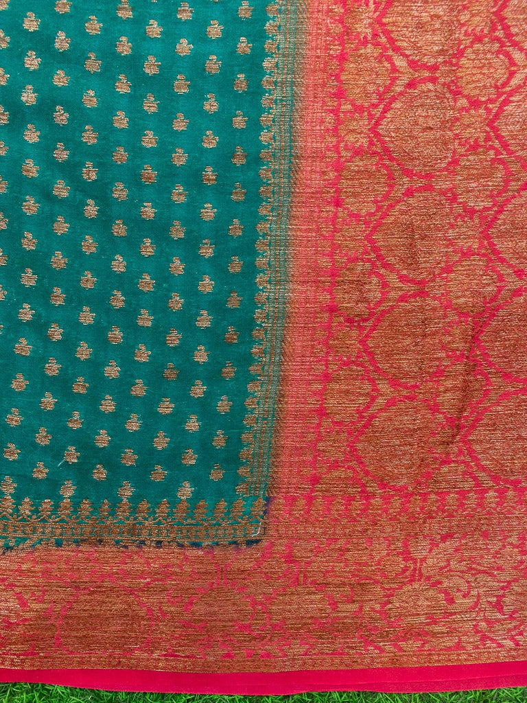 Banarasi Pure Georgette Saree With Antique Zari Buti Weaving & Contrast Border-Teal & Red